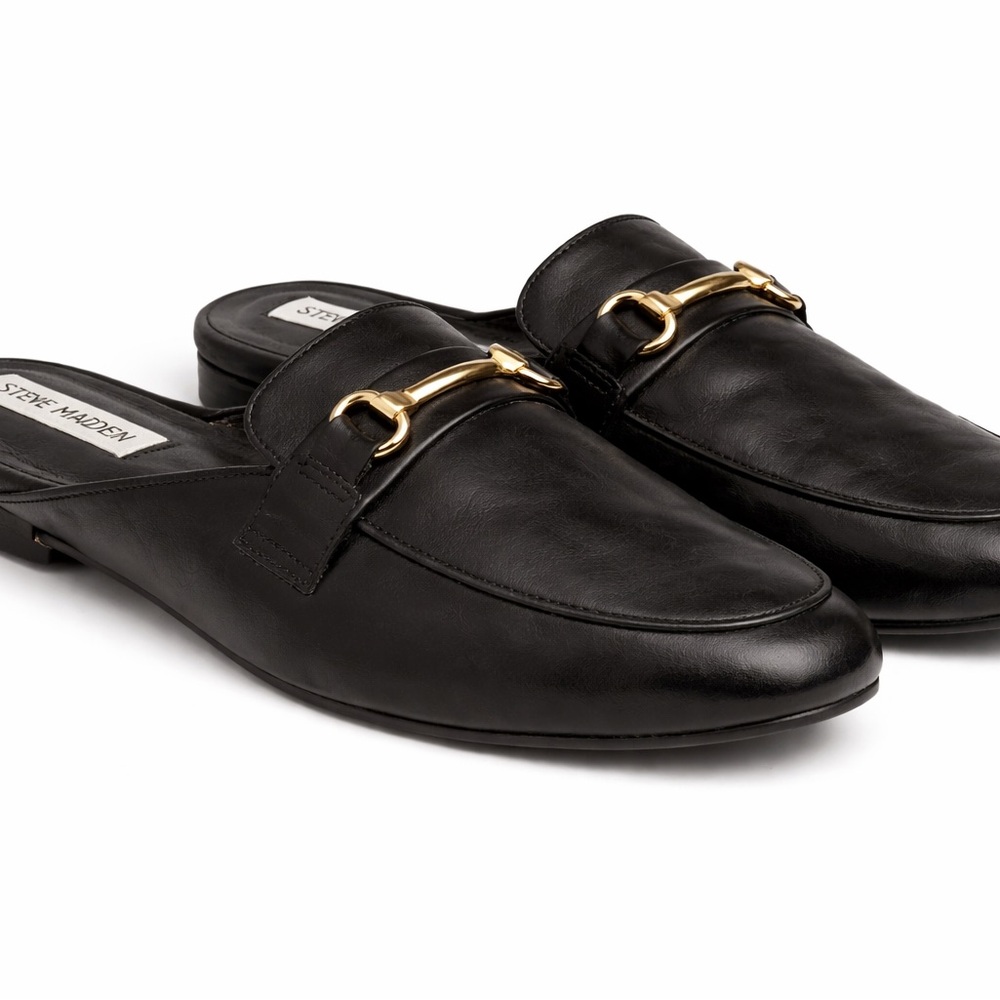 Steve Madden Black Leather Slip-On Mule with Gold Tone Accent